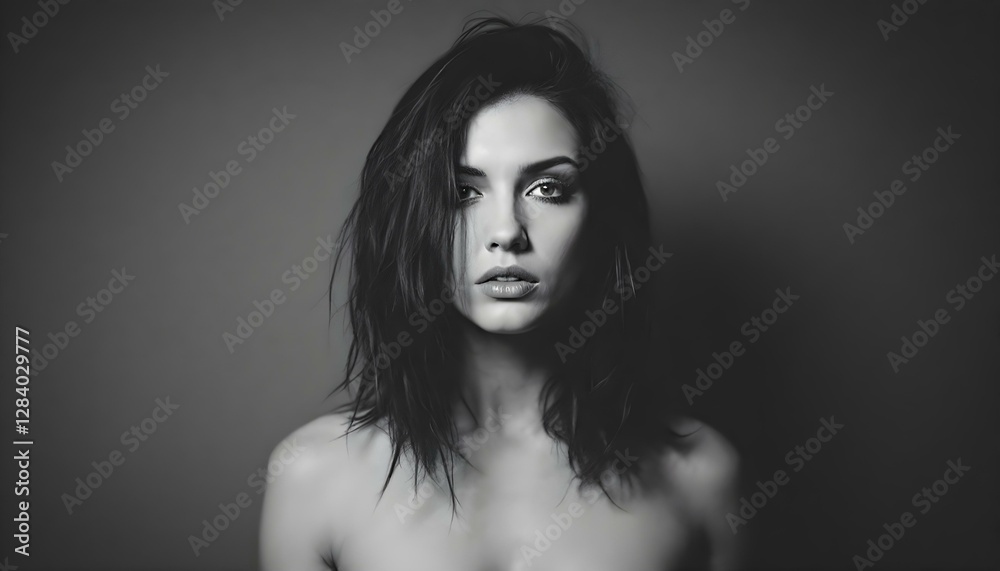 Black and White Portrait of a Woman with Long Wavy Hair