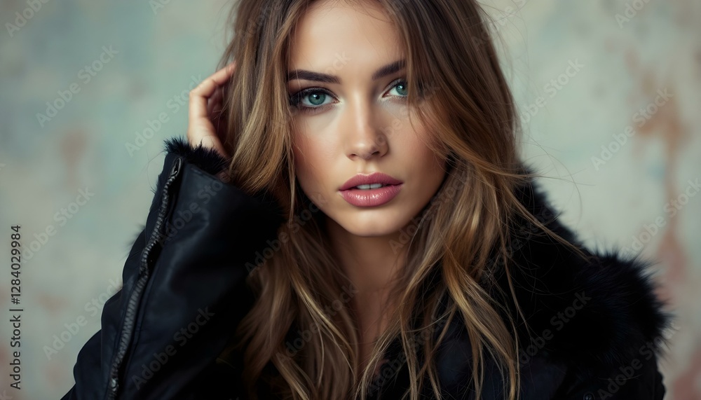 Glamorous Woman in Black Coat with Fur Hood