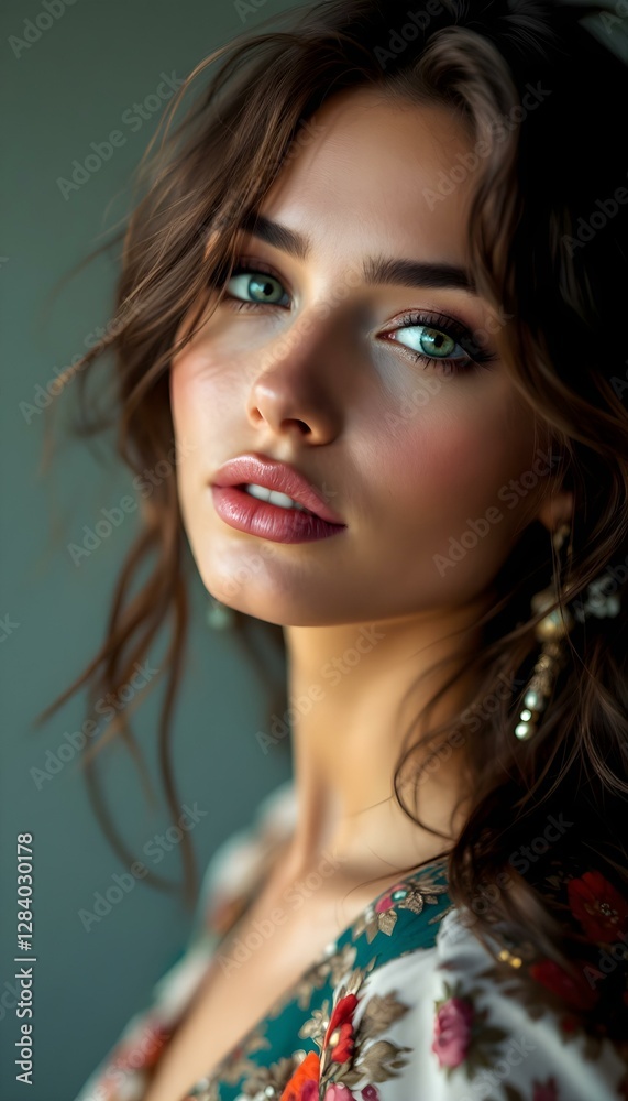 Glamorous Portrait of a Woman with Long Wavy Hair and Green Eyes