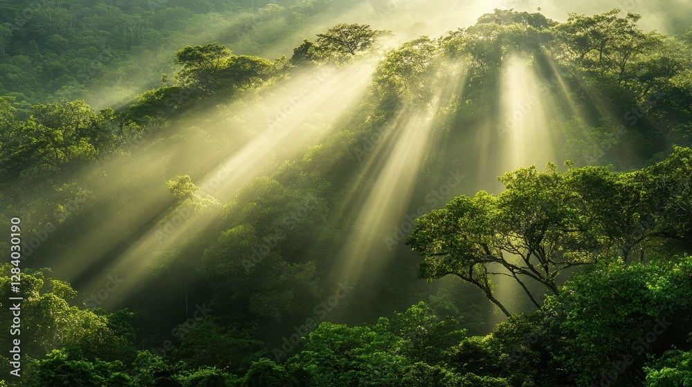 Sunlight streams through tropical forest canopy creating a serene natural atmosphere in the early morning Sunlight streams through tropical forest canopy creating a serene natural atmosphere in the early morning