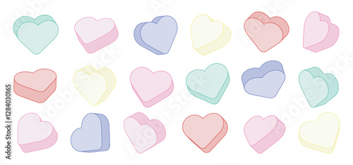 Sweet heart shape candy set. Set of heart-shaped volume icons. Valentines day concept. Colorful element collection. Isolated on white background. Romantic element collection. Flat line vector.