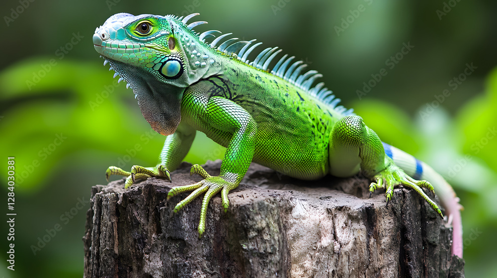 Fototapeta premium Green iguana perched on a tree stump, with a vibrant green and blue coloration 