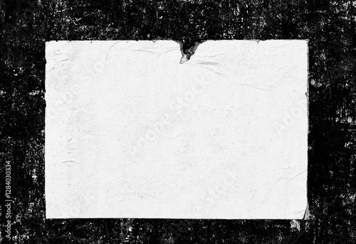 Old ripped torn blank white fly posters textures backgrounds on painted scratched wall grunge creased crumpled paper vintage collage placards empty space text