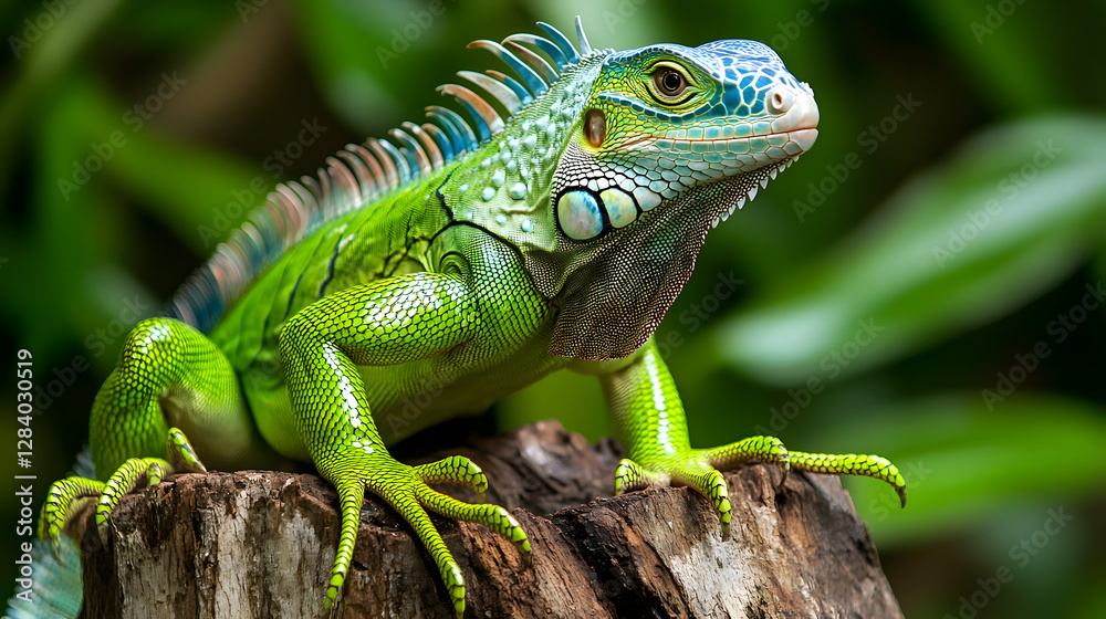 Obraz premium Green iguana perched on a tree stump, with a vibrant green and blue coloration 