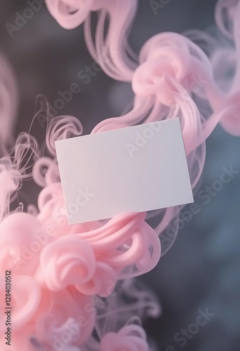 White business card mockup amidst pink cotton candy textures, creating a playful and eye-catching background, ideal for branding or contact information.