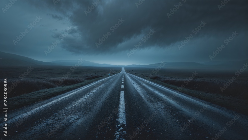 Naklejka premium A Solitary Path: The Road Unfolding Beneath a Shrouded Sky