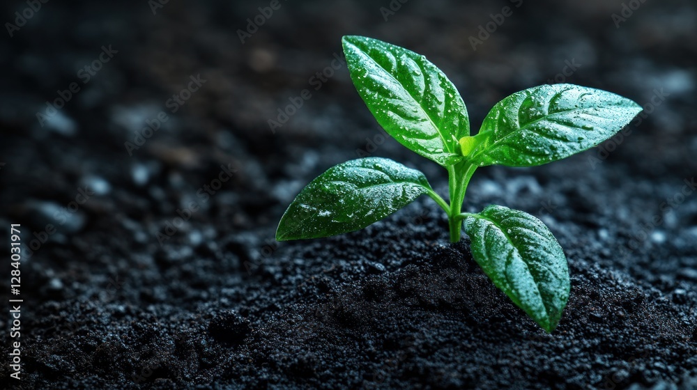 Naklejka premium New sprout emerging from dark soil, growth concept