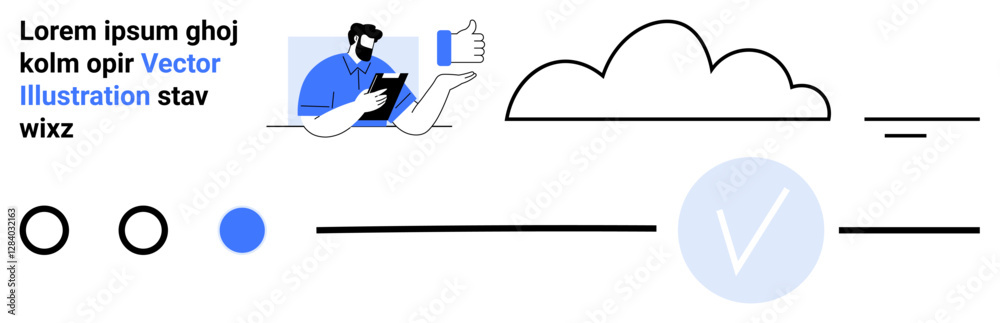 Man holding a tablet and giving thumbs-up, surrounded by various icons including a cloud, circles, and lines. Minimalistic and contemporary design. Ideal for tech reviews, cloud services, online Man holding a tablet and giving thumbs-up, surrounded by various icons including a cloud, circles, and lines. Minimalistic and contemporary design. Ideal for tech reviews, cloud services, online