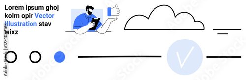 Man holding a tablet and giving thumbs-up, surrounded by various icons including a cloud, circles, and lines. Minimalistic and contemporary design. Ideal for tech reviews, cloud services, online