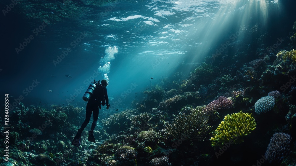 Fototapeta premium Vibrant coral formation thriving in a sunlit underwater ecosystem teeming with marine life