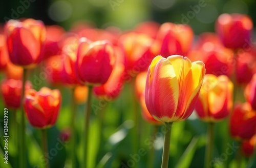 Vibrant red and yellow tulips in bloom under sunlight in lush garden