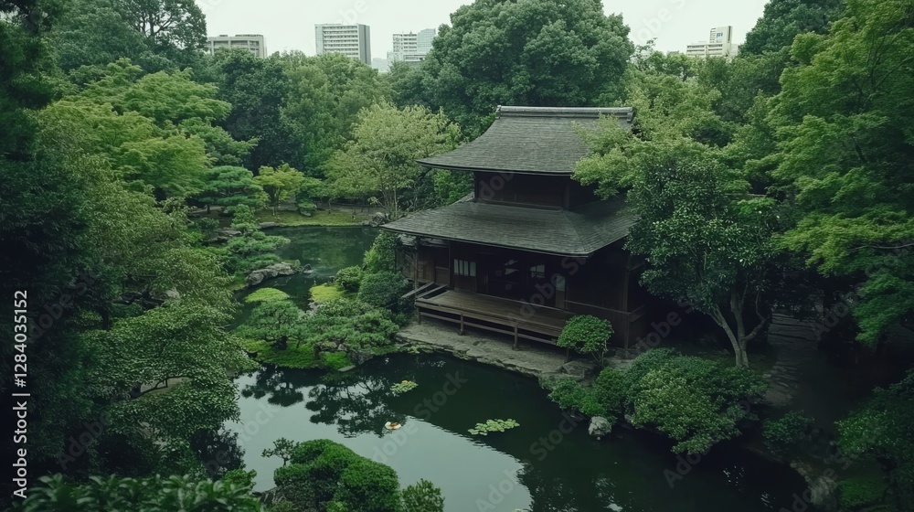 A wide-angle shot from an elevated angle using a telephoto lens, capturing a traditional wooden teahouse nestled in a serene garden in Tokyo. The scene includes lush greenery, a koi pond, A wide-angle shot from an elevated angle using a telephoto lens, capturing a traditional wooden teahouse nestled in a serene garden in Tokyo. The scene includes lush greenery, a koi pond,
