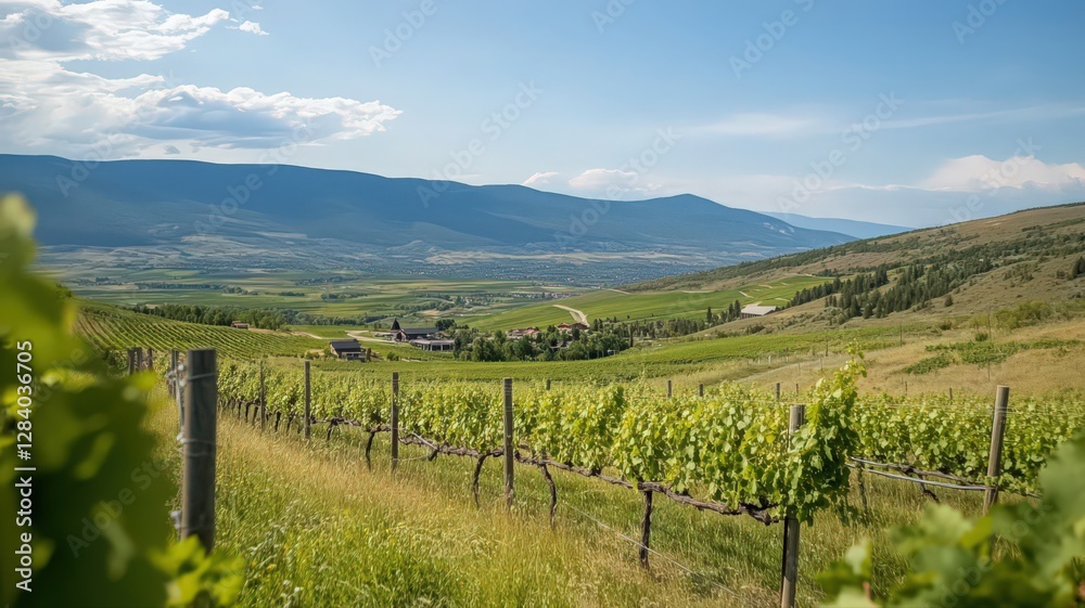 Naklejka premium Sunlit Vineyard Landscape with Rolling Hills and Mountains