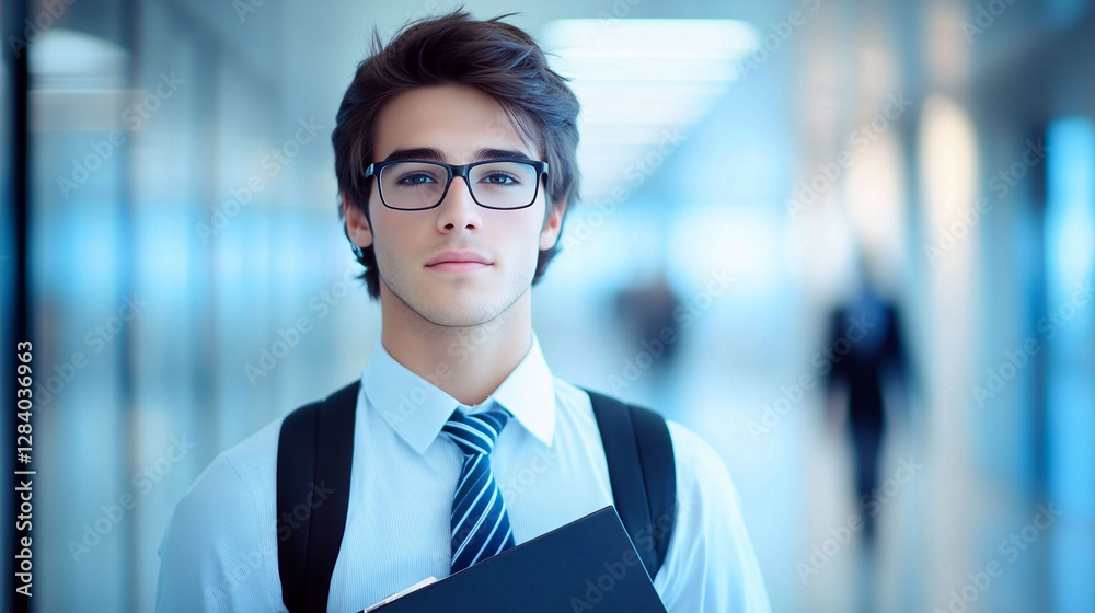 Young handsome intern in business office corridor holding folder wearing glasses Young handsome intern in business office corridor holding folder wearing glasses