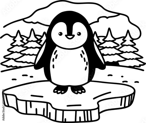 Cute penguin on an ice floe in a winter forest landscape, nature, wildlife, children's illustration, coloring book