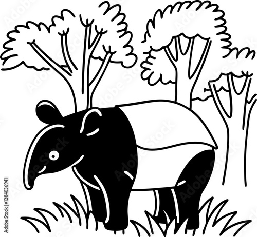 Black and white tapir illustration in a forest setting, wildlife art, vector design, nature conservation theme