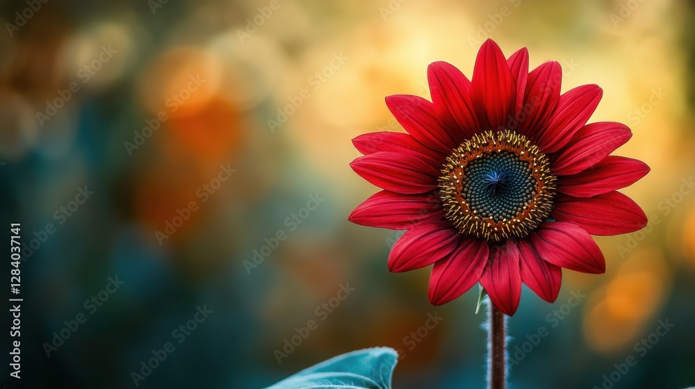 A vibrant red sunflower stands out against a soft, blurred background, showcasing its intricate petals and rich colors.