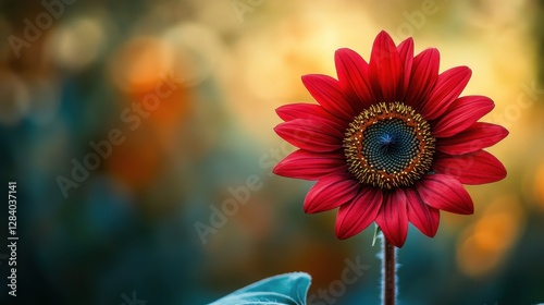 A vibrant red sunflower stands out against a soft, blurred background, showcasing its intricate petals and rich colors. photo