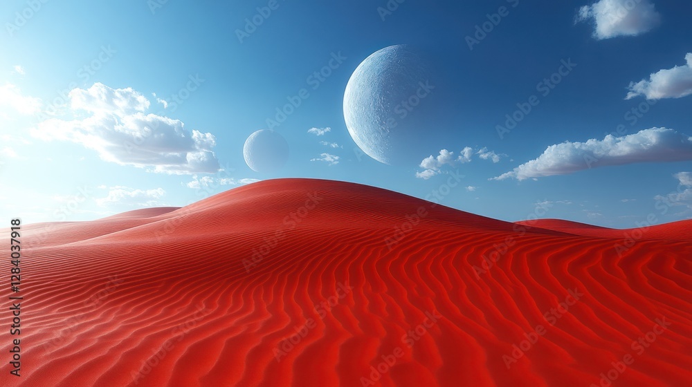 Naklejka premium Red sand dunes under a vibrant blue sky with two moons.