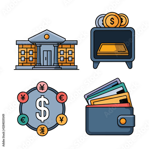 vector colorful economy trading graph cash money linked with curved dash line over the world bank 
