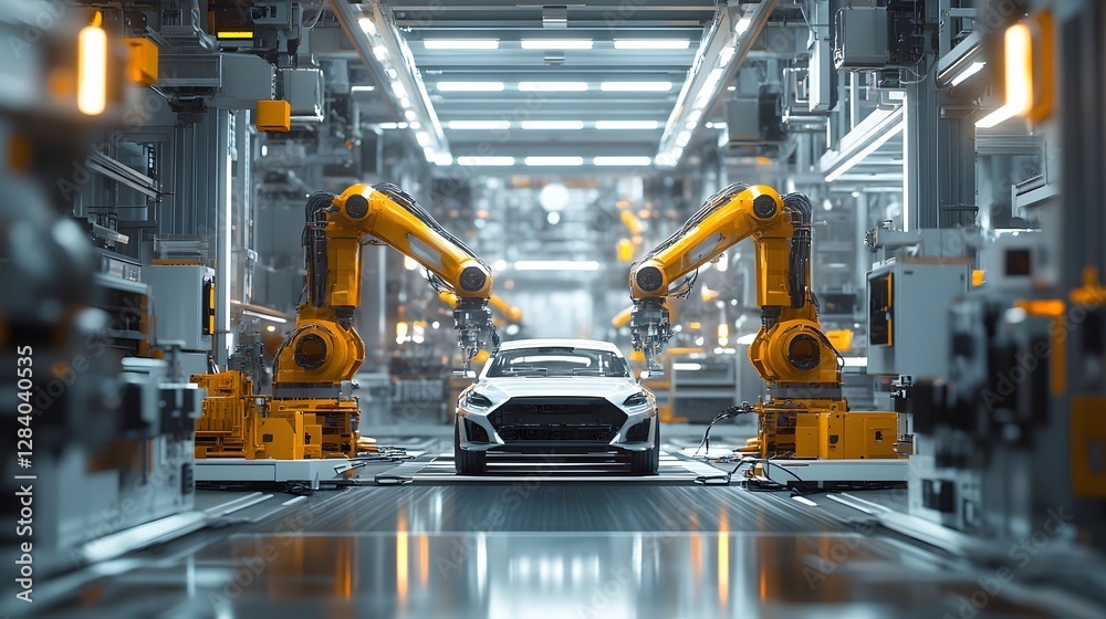 A futuristic automotive assembly line with robotic arms and a sleek car. A futuristic automotive assembly line with robotic arms and a sleek car.