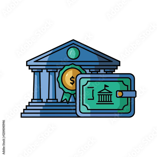 vector colorful economy trading graph cash money linked with curved dash line over the world bank 
