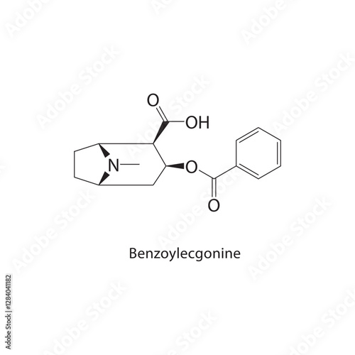 Benzoylecgonine skeletal structure.Tropane Alkaloid compound schematic illustration. Simple diagram, chemical formula.