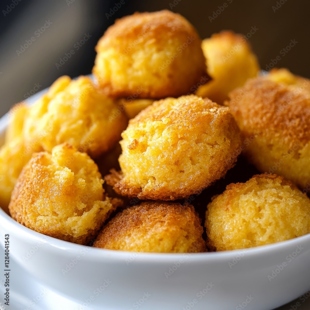 Golden Corn Cake Bites in a White Bowl Stacked High Ready to Eat Delicious Snack Golden Corn Cake Bites in a White Bowl Stacked High Ready to Eat Delicious Snack