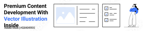 Digital content layout with image placeholder, text columns, checklist, and a thoughtful person. Ideal for creativity, organization, planning, design teamwork blogging content marketing. Flat