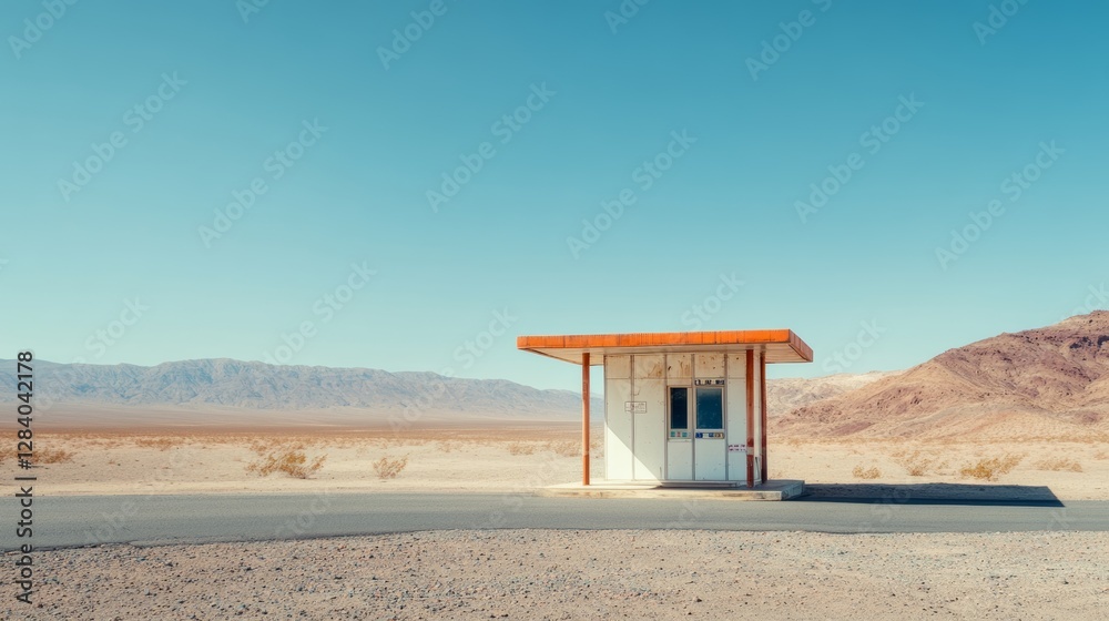 Toll booth on a highway cutting through vast desert landscapes. Featuring endless desert views and harsh sunlight Toll booth on a highway cutting through vast desert landscapes. Featuring endless desert views and harsh sunlight