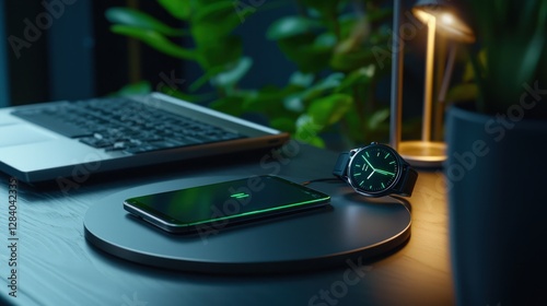 Modern Workspace Featuring Green Lighted Smartphone and Smartwatch on Sleek Desk at Night