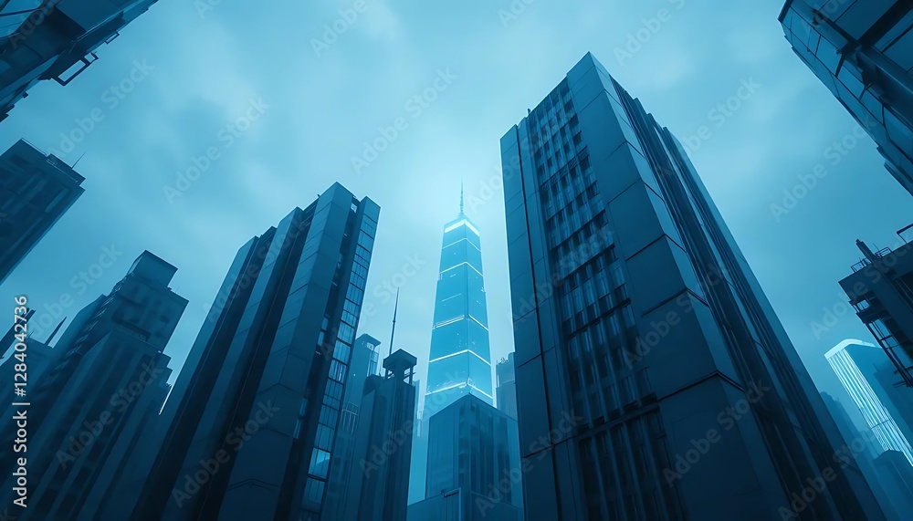 Fototapeta premium Futuristic Cityscape with Skyscrapers in Blue Tones and Dramatic Cloudy Sky