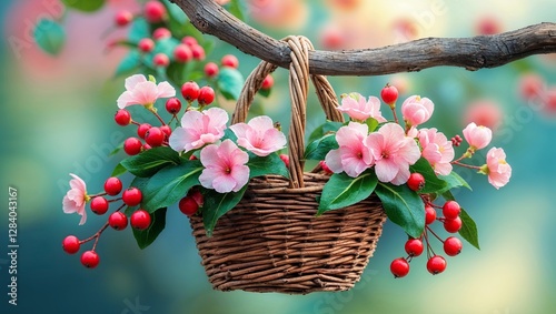 pink cherry blossom in basket