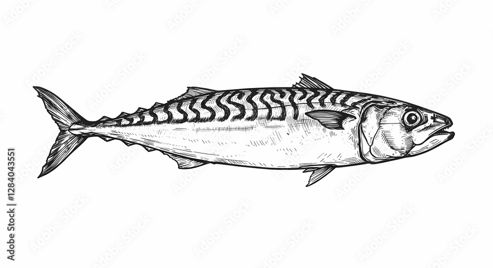 Obraz premium Detailed Black and White Mackerel Fish Illustration: Intricate Line Work, Realistic Texture, Scratch Board Style, Isolated on White