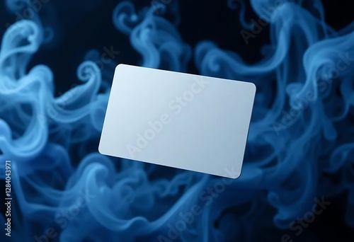 White business card floats amid swirling blue smoke, creating a dynamic and elegant background, ideal for professional branding or contact information.