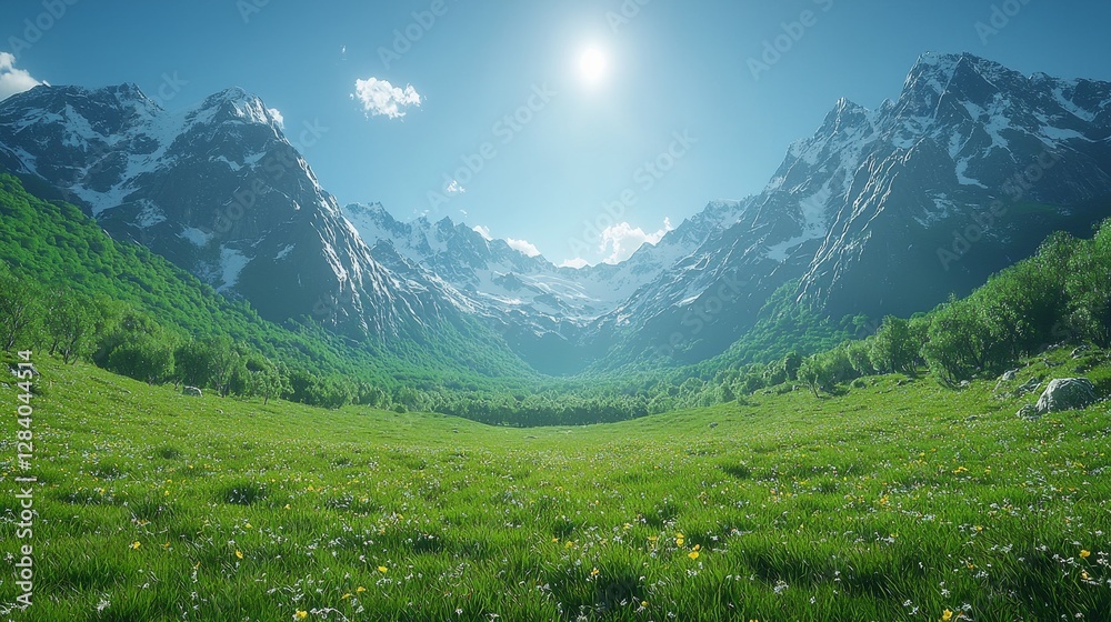 Naklejka premium Tranquil hiking adventure mountain valley nature scene lush greenery wide angle explore serenity