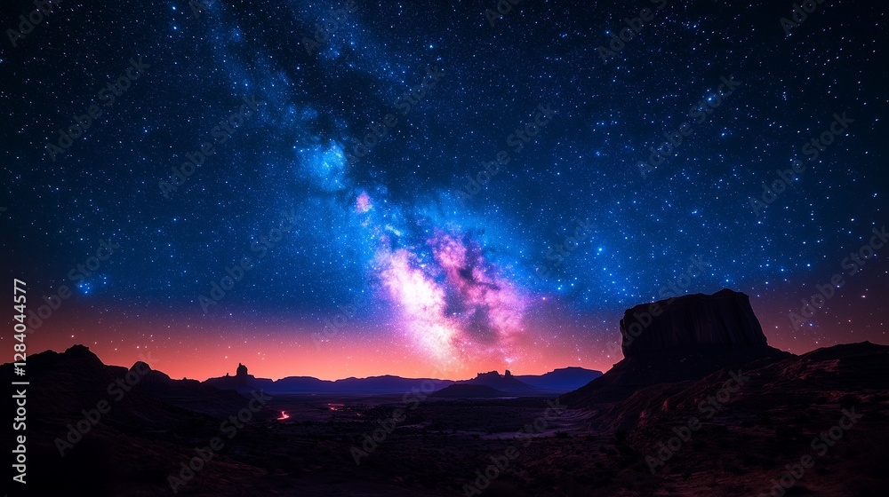 A breathtaking starry night sky over a desert landscape with the Milky Way galaxy vividly displayed in vibrant colors A breathtaking starry night sky over a desert landscape with the Milky Way galaxy vividly displayed in vibrant colors