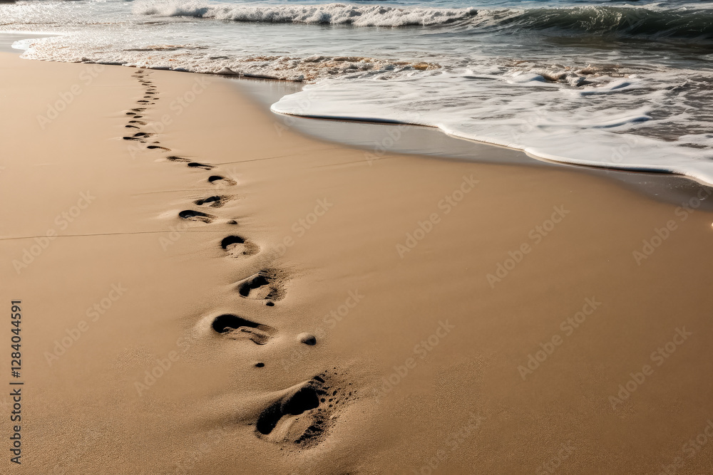 Sandy beach with a row of footprints in the sand. Sandy beach with a row of footprints in the sand.