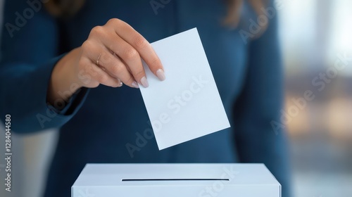 A voter holds a blank ballot and prepares to cast it into a white ballot box at a contemporary polling station on election day. The atmosphere is focused and serious
