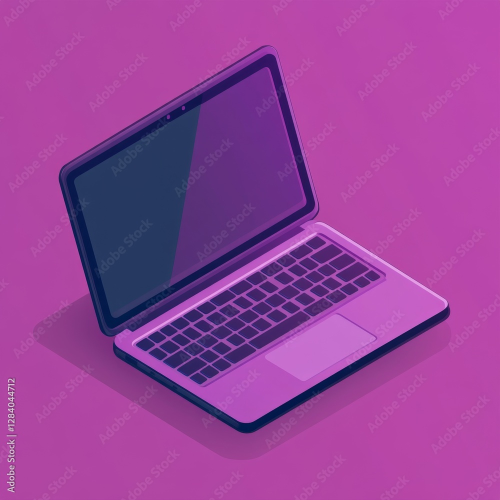 Purple Laptop Device With Keyboard And Screen Displayed On A Flat Color Background Purple Laptop Device With Keyboard And Screen Displayed On A Flat Color Background