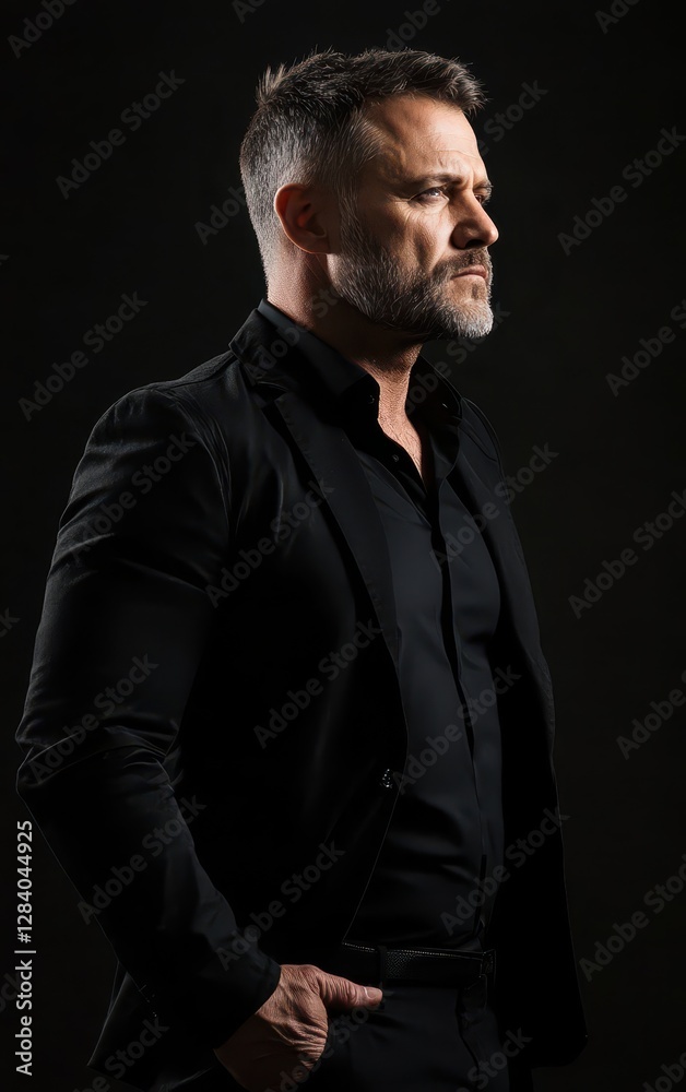 A well-dressed man with a beard stands in profile, deep in thought. He wears a black suit and shirt, and the lighting highlights his features against the dark backdrop A well-dressed man with a beard stands in profile, deep in thought. He wears a black suit and shirt, and the lighting highlights his features against the dark backdrop