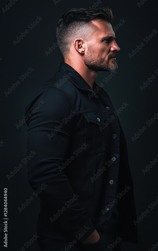A man stands in profile, wearing a fitted black jacket, exuding confidence and strength. His intense expression and well-defined features create a striking visual against a dark background A man stands in profile, wearing a fitted black jacket, exuding confidence and strength. His intense expression and well-defined features create a striking visual against a dark background