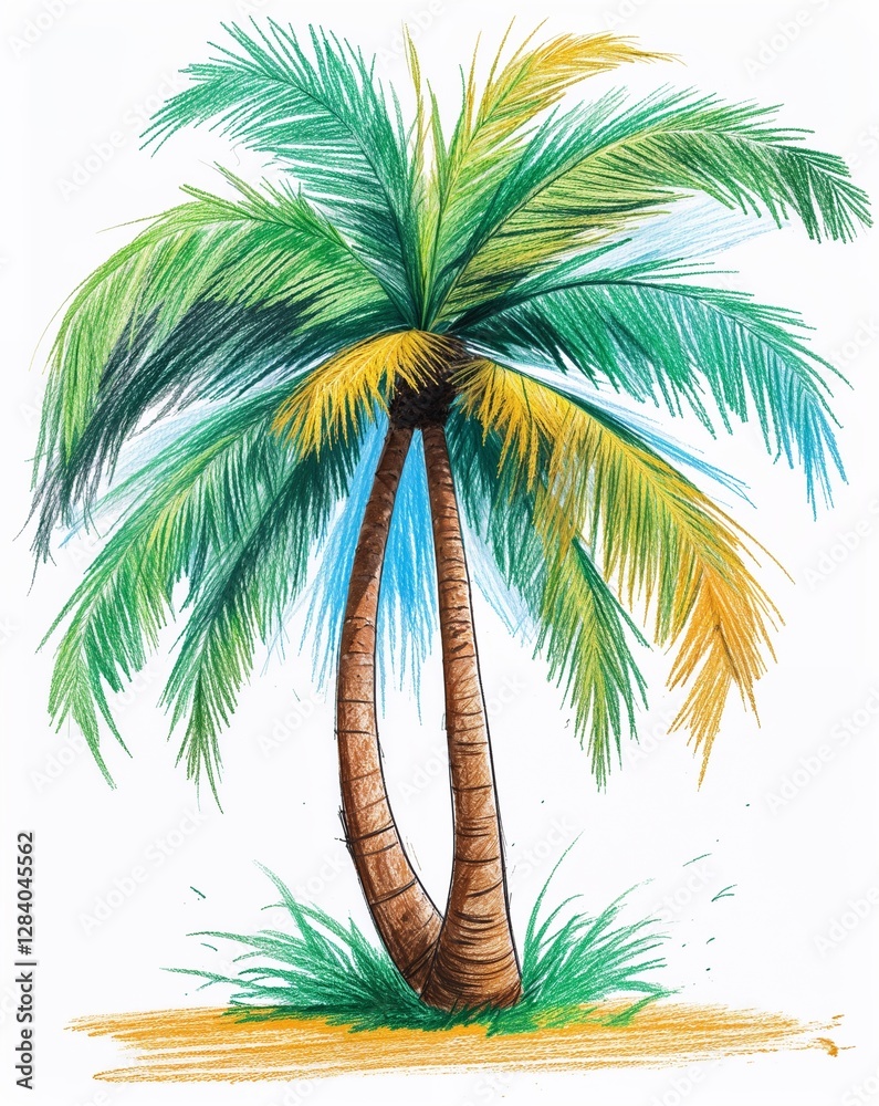 Fototapeta premium palm tree child like drawing on a white background crayon art whimsical youthful hand drawn cartoon