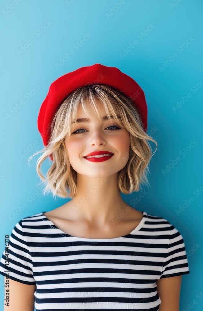A cheerful woman with blonde hair wearing a red beret and a striped shirt smiles against a vibrant blue background, exuding confidence and style A cheerful woman with blonde hair wearing a red beret and a striped shirt smiles against a vibrant blue background, exuding confidence and style