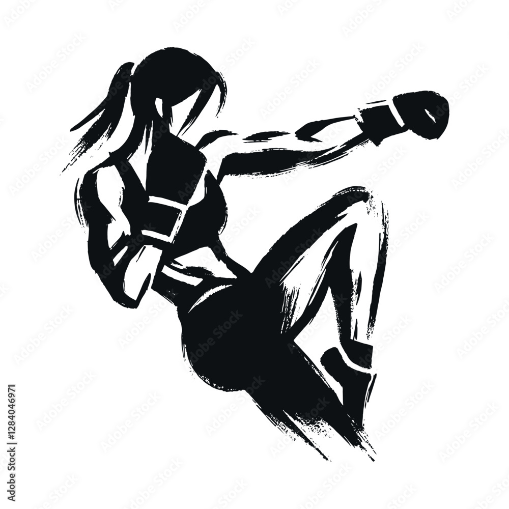 Woman kickboxing in dynamic pose, minimal hand-drawn black and white illustration Woman kickboxing in dynamic pose, minimal hand-drawn black and white illustration