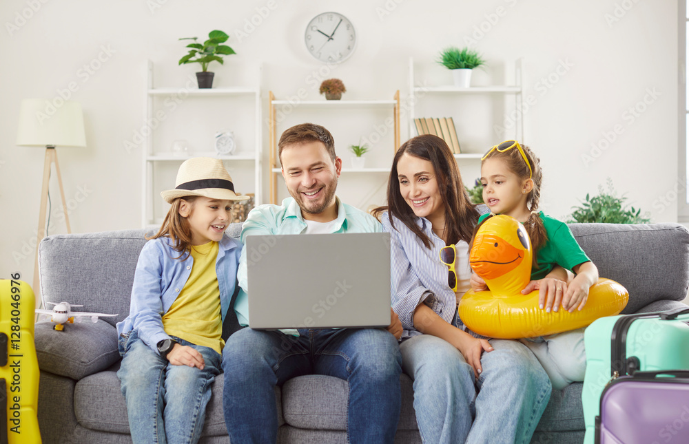Fototapeta premium Happy family online booking app sightseeing tours, attractions, excursions vacation planning and tourism fun, packing suitcase together, preparing for travel, going on leisure trip, summer journey