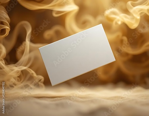 A blank white business card on a background of swirling golden smoke, creating an elegant and dynamic contrast, ideal for professional branding and contact information.