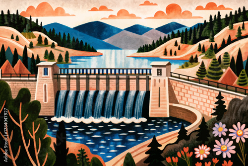 beautiful dam in the forest with mountains and trees abstract cartoon illustration