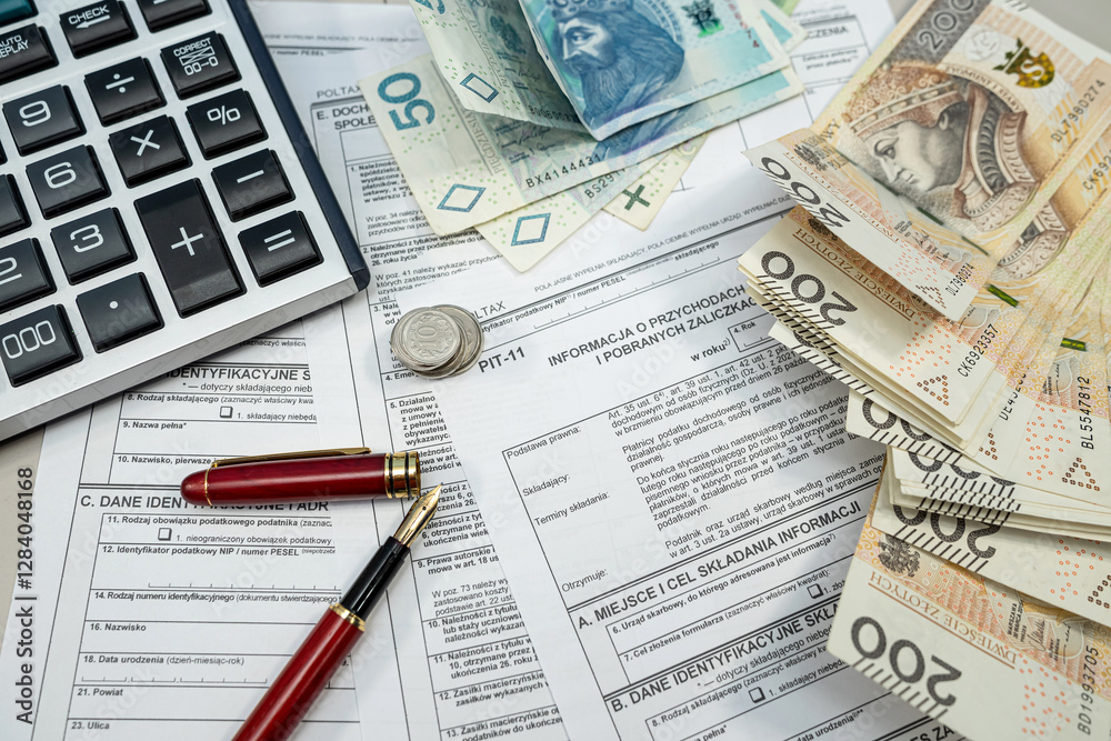 Obraz premium Polish individual income tax return PIT 11 with money zloty pen on table