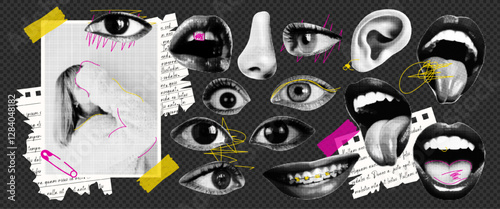 Trendy elements are eyes, mouth, ear, girl for a y2k punk style collage. Magazine clippings in the halftone style. Vector.